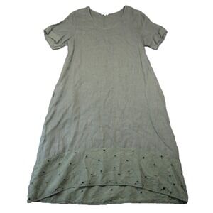 Rosemarine Italian Linen Dress M Olive Eyelet Hem Short Sleeve Pockets Lagenlook